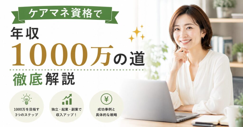 ケアマネ資格で年収1000万円を目指す方法を解説するイメージ。独立や起業、副業など収入アップにつながるキャリア戦略を紹介