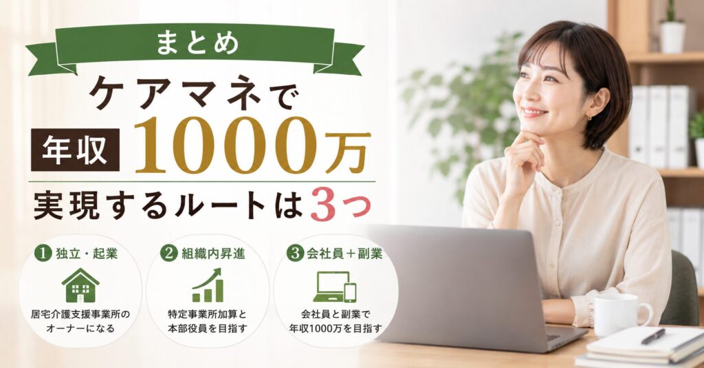 ケアマネで年収1000万円を実現する3つのルートをまとめたイメージ。独立・起業、組織内昇進、会社員と副業の選択肢を解説